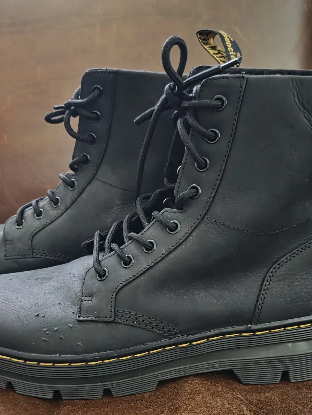 Dr. Martens Black Leather 8-Eye Lace-Up Boots with Yellow Stitch Bouncing Souls
